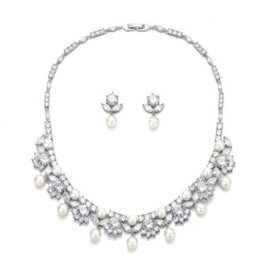 Imagem de Crysdue Conjunto de joias nupciais para casamento, lindo colar de strass de zircônia cúbica simulada de pérola simulada colar de tênis brincos pendentes para mulheres noivas, Latão, Zircônia cúbica