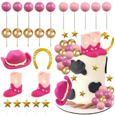 Imagem de MEMOVAN Cowgirl Cake Topper Cowboy Western Cake Decorations Cowgirl Hat and Boots Birthday Cake Toppers Pink Cow Balls Cake Topper for Cowgirls Western Theme Party Favors