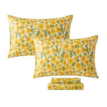 Imagem de FADFAY Conjunto de lençóis casal com estilo botânico rústico desgastado com girassol estilo fazenda vintage, 100% algodão percal, ultramacio, com lençol com elástico de bolso fundo, 4 peças