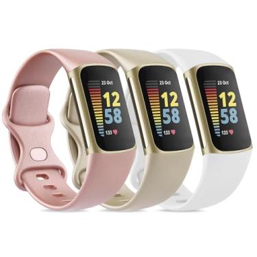 Imagem de Pacote com 3 pulseiras esportivas compatíveis com Fitbit Charge 6/Fitbit Charge 5 pulseiras femininas masculinas, clássicas e macias de substituição para Fitbit Charge 6/5 Advanced Fitness & Health Tracker (ouro rosa/ouro champanhe/branco, grande)
