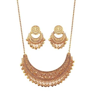 Imagem de Conjunto de colar de joias femininas de design artístico de filigrana com tema de meia lua de crescimento tradicional criado por mestres em Bollywood da Touchstone. NA Dourado