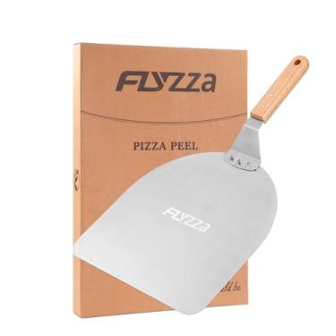 Imagem de FLYZZA Casca de pizza quadrada de 30,5 cm, espátula de pizza de aço inoxidável com cabo de madeira longo ergonômico para assar no forno, Turing Peel para pizza, massa, massa de pão