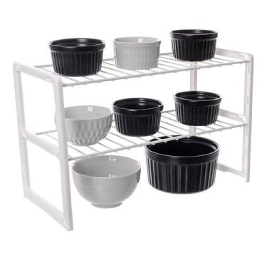 Imagem de Rack 2 Andares Organizar de Armario Lavanderia Prateleira Branco Objetos Prato Pote