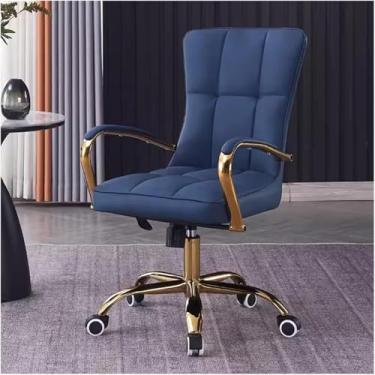 Imagem de Cadeira de cadeira de escritório de couro com apoio de braço, cadeira de computador giratória ajustável com pernas e braços dourados, cadeira de tarefa estofada confortável para sala de esta