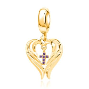 Imagem de QeenseKc Pingente de asa de anjo com pingente de pedra do mês de fevereiro compatível com pulseira Pandora presente feminino