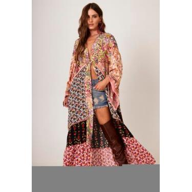 Imagem de Kimono Longo Com Franjinhas Rosa Estampa Patchwork Yacamim J2, G, Patc