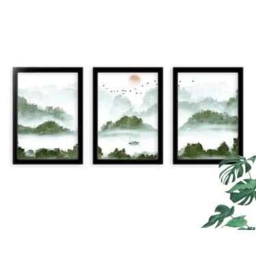 Imagem de Kit 3 Quadros Decorativos Com Molduras Paisagem Verde - D'Cora