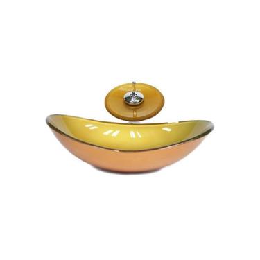 Imagem de Cuba de vidro oval 55cm  dourado real + valvula + torneira cascata - C