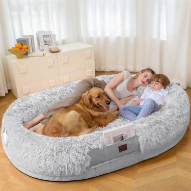 Imagem de SWITTE Cama de cachorro humana para adultos, lavável de tamanho humano grande com cobertor para pessoas cochilando, cama removível para cães gigantes com travesseiro para quarto, sala de estar ou ao