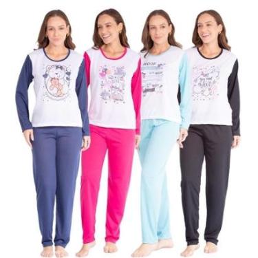 Imagem de Kit 4 Pijamas Sophia Calça e Blusa Manga Longa Liso Feminino-Feminino