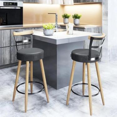 Imagem de Banquetas Altas Moscou, Kit 2 Unidades, 98cm de Altura, para Balcão, Bar e Cozinha, Assento em Couro Sintético Preto, Pés em Madeira Clara (PRETA)