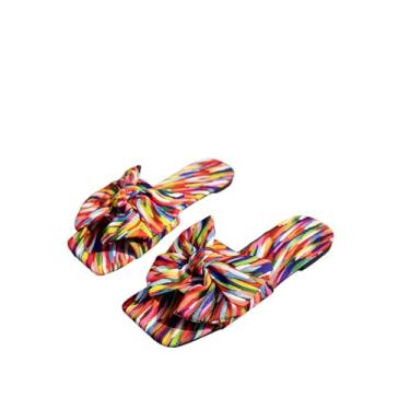 Imagem de GORGLITTER Sandálias femininas bonitas com laço moderno 2025 estampa gráfica elegante bico quadrado aberto sandálias rasteiras de verão, Colorido., 37