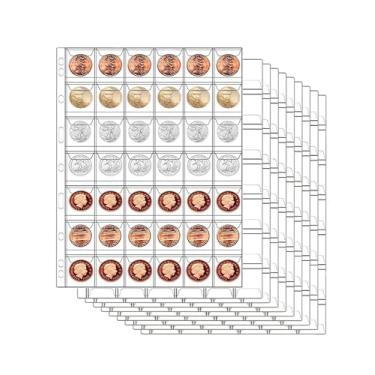 Imagem de Páginas de moedas com 42 bolsos, capas para moedas AITIME Stander com 9 furos para livros de porta-coleções, 10 folhas, refis de fichário de armazenamento de moedas pequenas para colecionadores