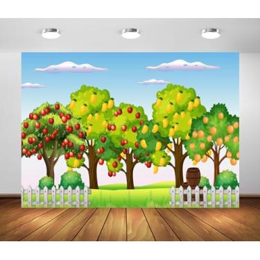 Imagem de BELECO Tecido de desenho animado de 1,5 x 0,9 m, cenário de fazenda, árvores frutíferas, maçãs, laranjas, fundo de frutas, festa infantil, aniversário, chá de bebê, decoração de festa, sessão de fotos