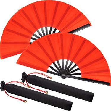 Imagem de Maitys 2 pacotes de leques grandes de palmas para dança em linha, grandes ventiladores chineses dobráveis para homens e mulheres, festivais, tai ji, kungfu, artes marciais, presentes (vermelho)
