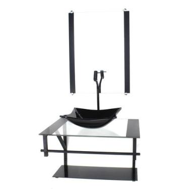 Imagem de Gabinete Vidro Banheiro 60Cm Ap Cuba Quadrada Preto Torneira - Cubas E