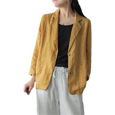 Imagem de Outono Ol Terno Blazers, Casual Lapela Sólida Jaquetas Finas, Mulheres De Manga Longa Algodão Linho Casacos Outwear, Yellow, XL