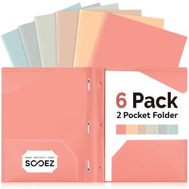 Imagem de Sooez Pastas de plástico com bolsos e pontas, pacote com 6 pastas de bolso com pinos, pasta resistente de 3 pinos com 2 bolsos para documentos, pastas coloridas de volta às aulas, retrô leve