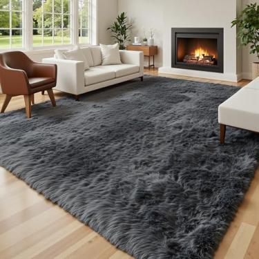 Imagem de Tapetes para sala de estar 15 x 23 cm, Alfombras para Salas Shag grande tapete macio de pelúcia, tapetes felpudos para quarto, decoração de casa para crianças, meninos, meninas, estética (cinza escuro