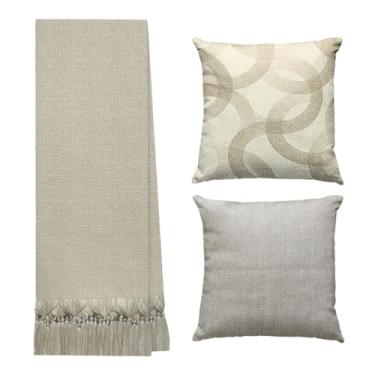 Imagem de Manta Para Sofá E Cama Grande 3 Metros Decorativa Com 2 Capas De Almofadas (MANTA BEGE- 1 CAPA RINGS E 1 CAPA BEGE)