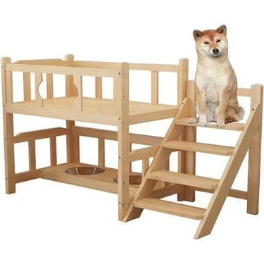 Imagem de Cama Para Cães Cama Para Animais De Estimação Grande De 2 Camadas Cama Elevada Para Cães Estrutura De Cama Para Cães De Madeira Com Escadas E Guarda-corpos Móveis Par, 75x50x65cm