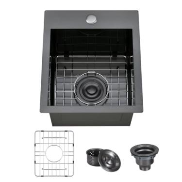 Imagem de ARTLINE Pia de barra preta de 38 x 43 cm, pia de cozinha de tigela única de aço inoxidável, pia pequena de barra úmida de 23 cm de profundidade para preparação ao ar livre RV Yard Lavanderia com grade