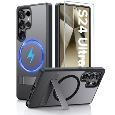 Imagem de Capa para Samsung Galaxy S24 Ultra com suporte [com protetor de tela] Carregamento sem fio, capa antiimpressões digitais, proteção à prova de choque, capa magnética para Galaxy S24 Ultra 5G com