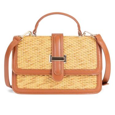 Imagem de boshiho Bolsa tiracolo feminina de palha, bolsa de praia estilo ráfia de tecido com alça superior para férias de verão, Marrom, Small, Alça transversal para bolsa de pendurar