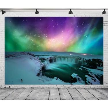 Imagem de DePhoto Fundo Aurora Boreal de 2,8 x 1,8 m, cachoeira, montanhas de neve, aurora boreal, para crianças, acampamento, tema de festa, aniversário, vinil