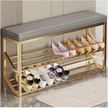 Imagem de Banco De Sapateira De 2 Andares Com Armazenamento De Metal Banco De Entrada Industrial Para Entrada Hall Suporte De Sapato Organizador E Assento, Gold+gray, 80 * 20 * 48cm