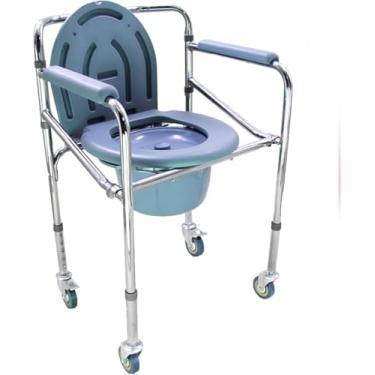 Imagem de Cômoda De Cabeceira Dobrável 4 Em 1, Cadeira Higiênica Para Vaso Sanitário Com Braços, Assento Acolchoado, 4 Rodas Giratórias, Vaso Sanitário De Cabeceira Ajustável Em Altur, A+wheel