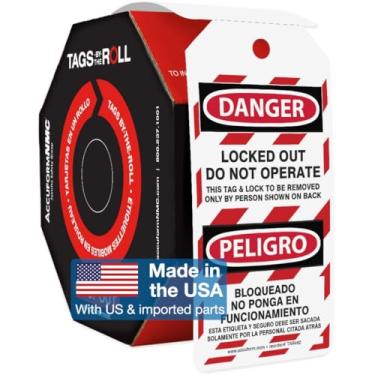 Imagem de Accuform Placas TAR462 Etiquetas By-The-Roll Espanhol Bilingual Lockout, Legend DANGER LOCKED OUT DO NOT OPERATE/PELIGRO BLOQUEADO NO PONGA EN FUNCIONAMIENTO, 16 cm de comprimento x 7 cm de largura x 0,010 de espessura, PF-Cardstock, vermelho/preto sobre branco (rolo de 100) da Ac. cuformulário