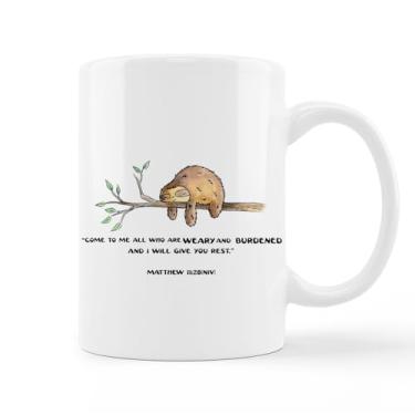 Imagem de Caneca engraçada de bicho-preguiça, Mateus 11:28 versículo bíblico escritura Come to Me caneca de cerâmica - 325 ml caneca de café leite chá, canecas de fé cristã, presentes para mulheres cristãs,