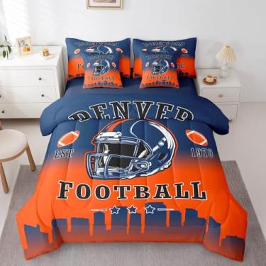 Imagem de Erosebridal Jogo de cama solteiro de futebol americano, 7 peças, esportivo, rúgbi, azul, laranja, para crianças, adolescentes e adultos, conjunto de cama de futebol americano com silhueta de cidade
