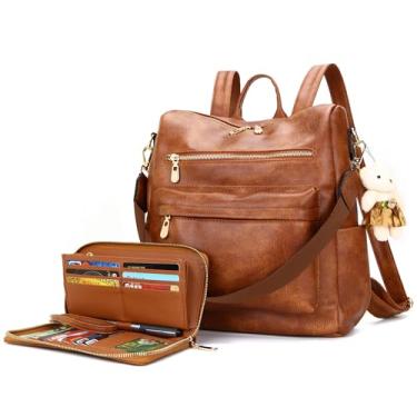 Imagem de Soperwillton Mochila feminina bolsa de mão design multiuso bolsa de ombro PU bolsa de viagem conjunto mochila 2 peças, Marrom Z, Mochilas Tote