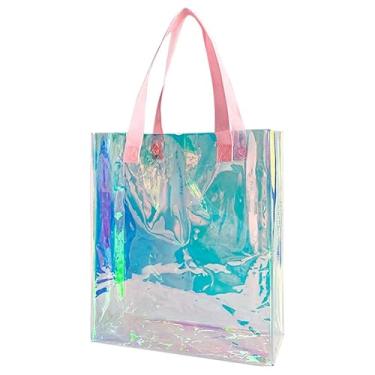 Imagem de TotePrint Sacola holográfica transparente com alça de tecelagem à prova d'água a laser PVC para praia sacola de compras de presente para viagens de estádio, Alça rosa claro, Large