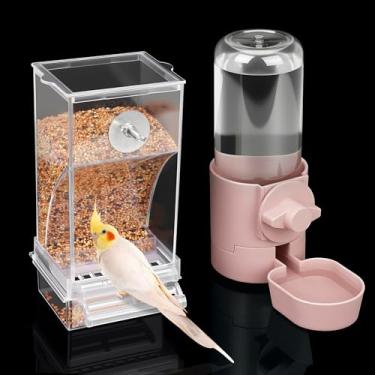 Imagem de lemtrflo Conjunto de dispensador de água para alimentador de pássaros sem bagunça, alimentador de pássaros para gaiola, acessórios de gaiola para calopsitas, tentilhões, periquitos e canários