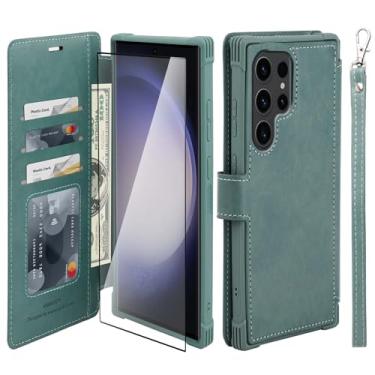 Imagem de VANAVAGY Capa tipo carteira compatível com Galaxy S23 Ultra para mulheres e homens, capa flip de couro RFID com suporte de pulso para carregamento sem fio com suporte para cartão e protetor de tela de