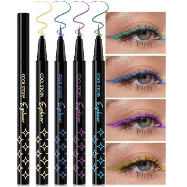 Imagem de 4 peças de delineador líquido colorido com glitter, conjunto de maquiagem delineador líquido brilhante, roxo, azul, dourado, verde, rosto, rosto, glitter, delineador de olhos cintilante, à prova