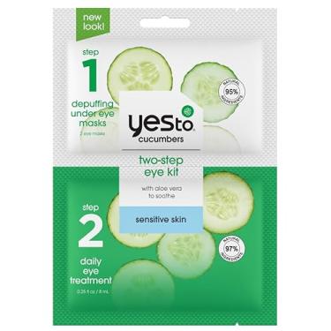 Imagem de Yes To Kit de olhos de pepinos em 2 etapas para olheiras e inchaço, máscaras calmantes sob os olhos e creme de tratamento para os olhos com pepino, cafeína e frutas evódia, 96% natural, vegano e livre