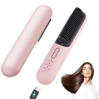 Imagem de TANSHINE Escova Alisadora De Cabelo Sem Fio Para Viagem, Pente Alisador Pequeno Portátil Usb-C Mulheres, Mini Quente Recarregável, Ferramentas Modelagem Aquecidas Anti-Queimaduras, Rosa