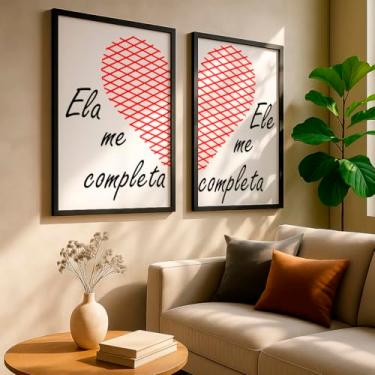 Imagem de Kit 2 Quadros Decorativos Frase Casal Amor Completo Coração Vermelho Moderno Quarto Com Moldura