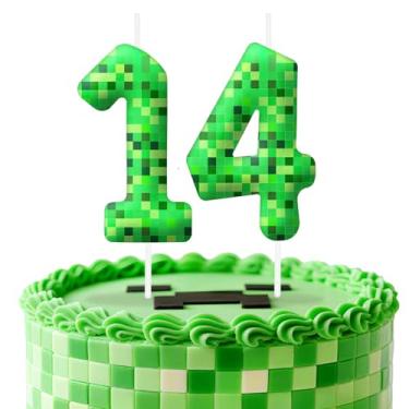 Imagem de Velas de aniversário verdes número 14, topo de bolo com tema de pixel para decoração de bolo para meninos e meninas, decorações de aniversário, suprimentos de festa, velas numéricas para decoração de