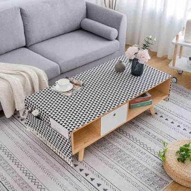 Imagem de Wuluwala Toalha de mesa de café com estampa geométrica triangular com franja e dois bolsos laterais retangular para sala de estar, casa de fazenda, decoração boho 51 x 160 cm