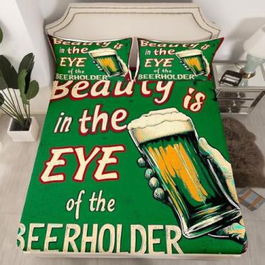Imagem de Erosebridal Jogo de lençol solteiro de cerveja, a beleza está no olho da cerveja, suporte de cerveja, para quarto, copo vintage, estampado, crianças, meninos, roupa de cama macia, vermelho e verde