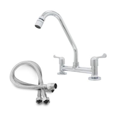 Imagem de Torneira Misturador Cozinha Metal Bancada Mesa + 2 Engates Flexíveis Malha Aço