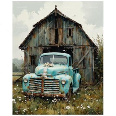 Imagem de Kit de pintura de caminhão agrícola por números para adultos - DIY pintura de cena de celeiro azul antigo em tela 40,6 x 50,8 cm, conjunto de tinta acrílica, adequado para iniciantes, arte country