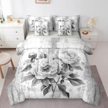Imagem de Erosebridal Conjunto de edredom Queen com estampa de peônia em aquarela com pintura a óleo abstrata e lençol com elástico, casa de fazenda rústica, 7 peças, cinza e branco