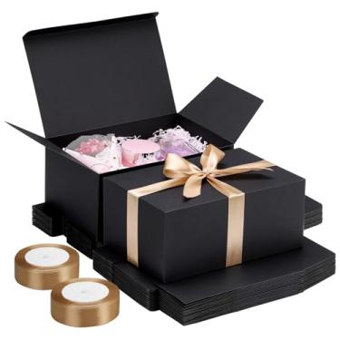 Imagem de EUSOAR Caixa de presente preta, 20 peças de 23 x 15 x 10 cm, caixa de presente de dama de honra com tampas, caixa de presente de aniversário de papelão fácil de montar a granel com fita para casamento