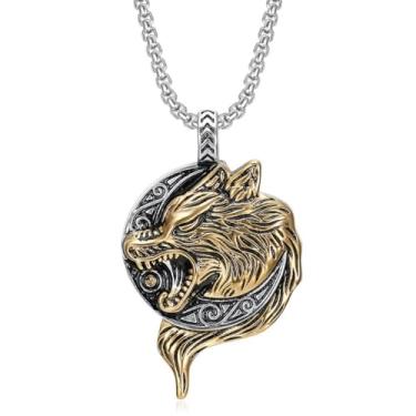 Imagem de Colar masculino de lobo viking de aço inoxidável – Pingente de cabeça de animal em dois tons de prata dourado com corrente de 60 cm, joia punk gótica hip hop rapper rock